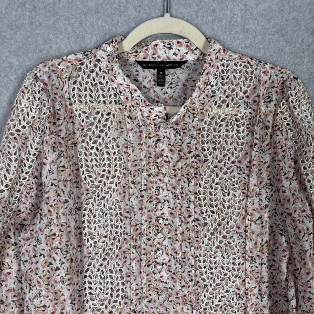 WHBM Eyelet Embroidered Floral Ruffle Blouse Sz M Cotton Silk Feminine Coquette - Picture 2 of 11